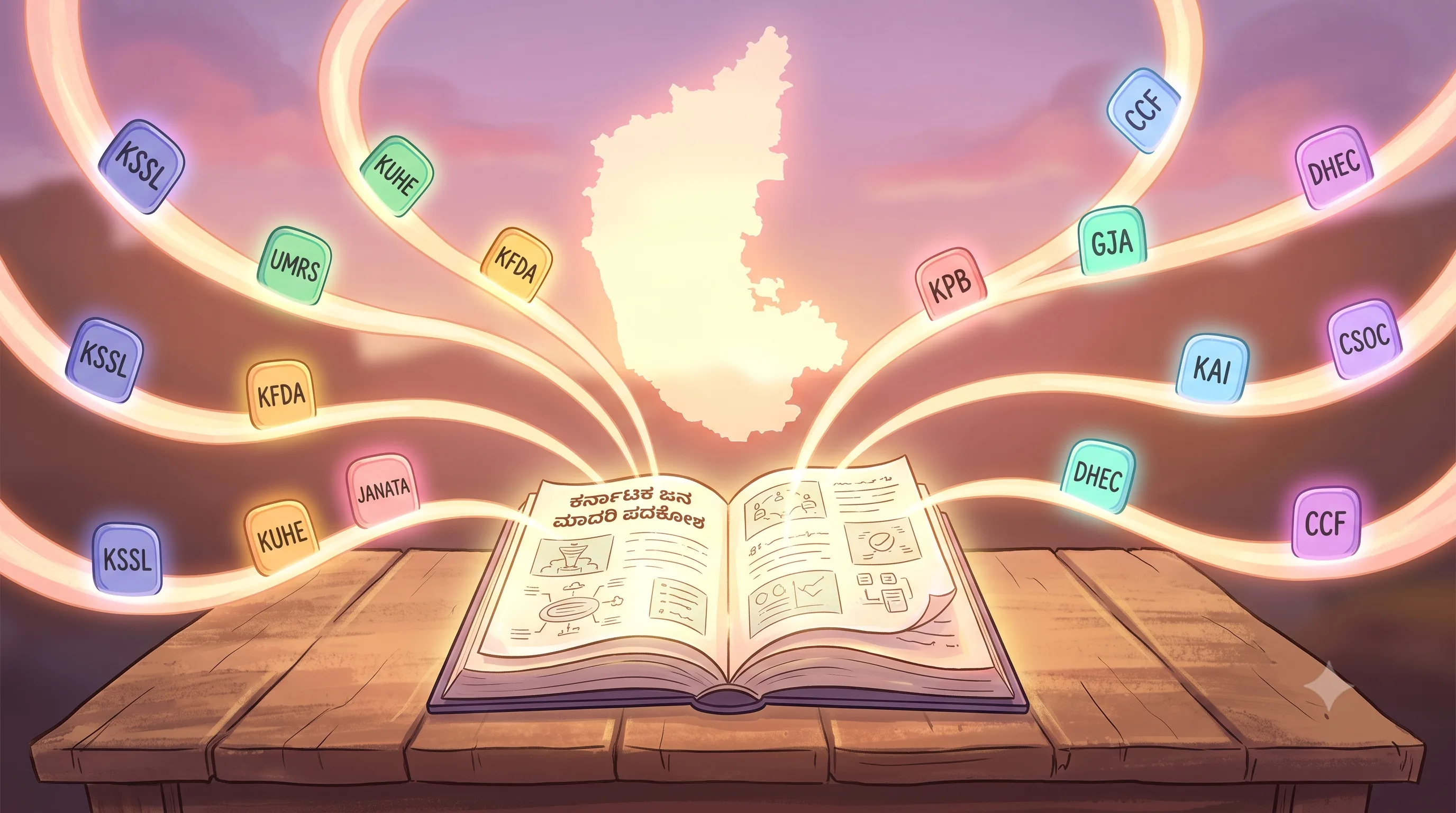 A glowing glossary book on a wooden table, with ribbons of light carrying acronym chips (KSSL, UMRS, KFDA, KUHE, JANATA, OCDS, KPB, CSOC, GJA, KAI, DHEC, CCF) toward a softly-glowing silhouette of Karnataka