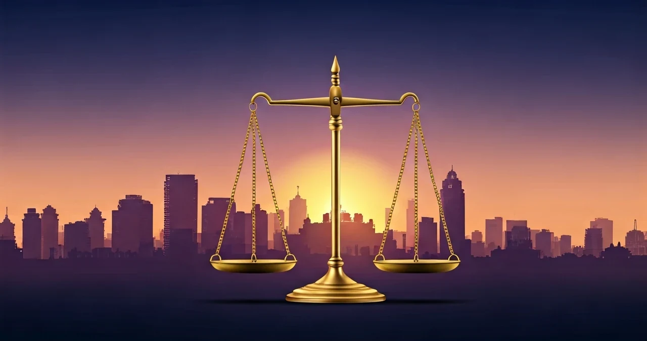 Party Operating Principles — balanced scales over a Karnataka skyline